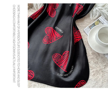 V-neck satin nightdress with lip print, above-knee mini sleep dress, open back detail for satin night wear fans
