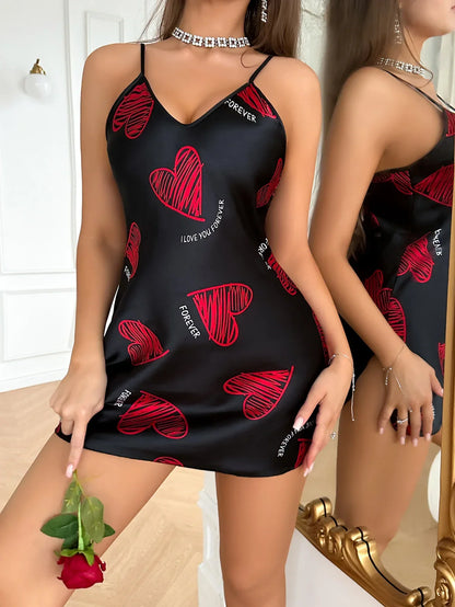V-neck satin slip nightdress with lip print, thin summer mini sleep dress, backless cut for satin night wear fans
