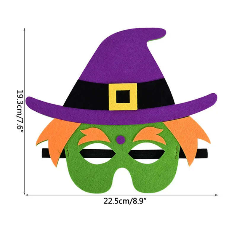 Green witch felt mask with orange hair and purple hat; measurements show width 22.5 cm or 8.9 in and height 19.3 cm or 7.6 in