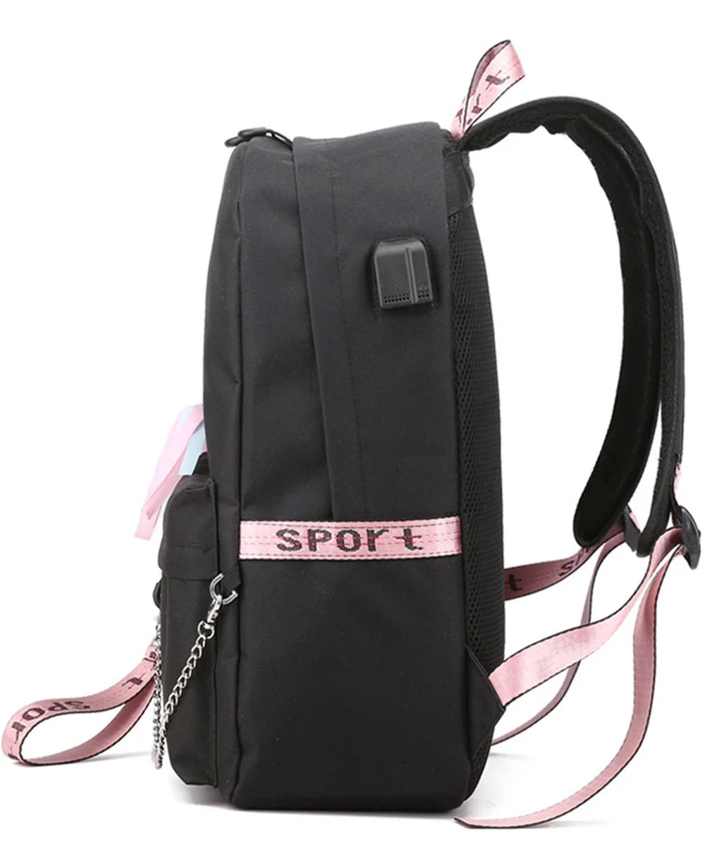 Side view of the plain black base bag displaying the external USB port, side pocket, pink trim and adjustable shoulder strap.