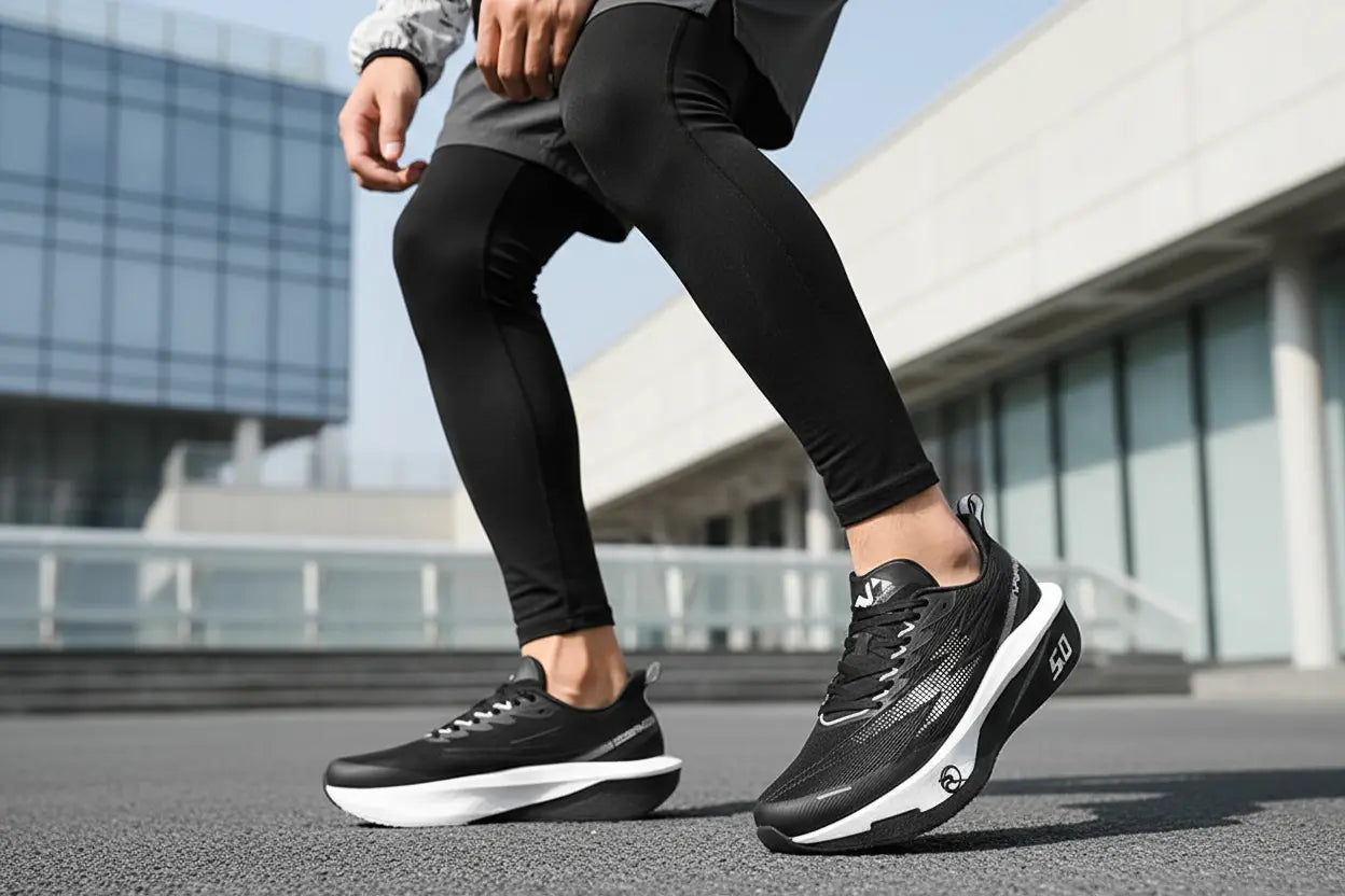 men's running shoes low-cut air mesh sneaker side profile with cushioning EVA midsole for beginner runs
