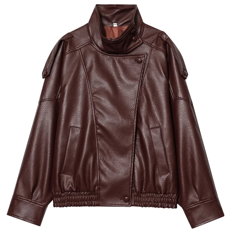 Plus Size Faux Leather Jacket with Asymmetric Zip Front