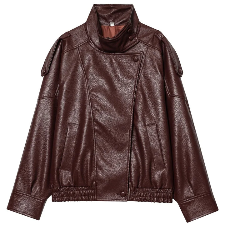 Plus Size Faux Leather Jacket with Asymmetric Zip Front