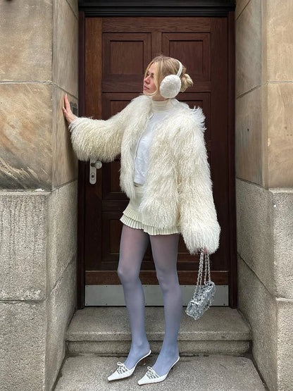 White Cropped Faux Fur Coat - Plush volume, clean-lined