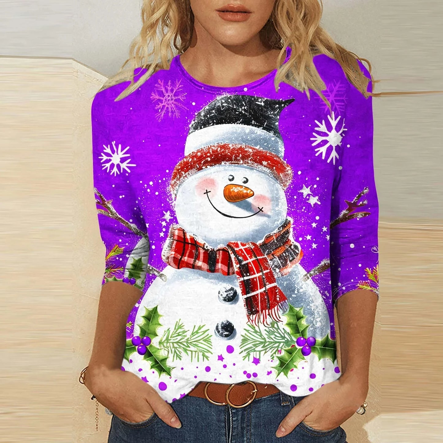Women's Christmas Snowman Tee – 3D Long Sleeve Glow Top
