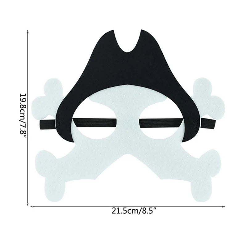 White pirate bones felt mask with black hat; source dimensions show the width 21.5 cm or 8.5 in and height 19.8 cm or 7.8 in.