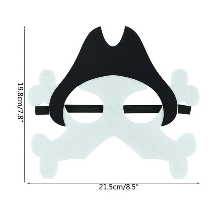 White pirate bones felt mask with black hat; source dimensions show the width 21.5 cm or 8.5 in and height 19.8 cm or 7.8 in.