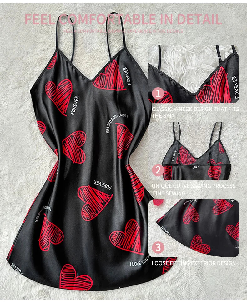 Valentine sleep dress satin slip, red lip print V-neck backless mini nightdress, elegant satin night wear aesthetic
