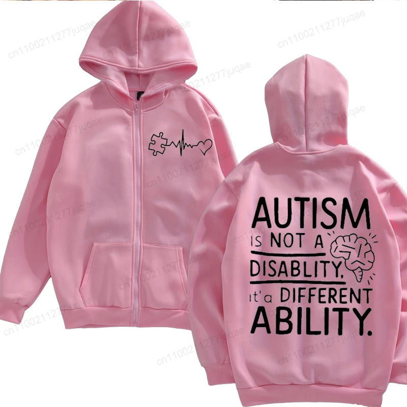 different ability advocacy hoodie soft fleece lining zipper closure gray casual jacket adults
