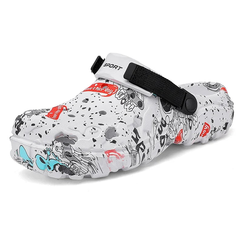 White graffiti clog with a black heel strap shown on a white background