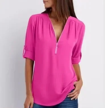 Women’s Deep V Neck Chiffon Blouse – Loose Longline