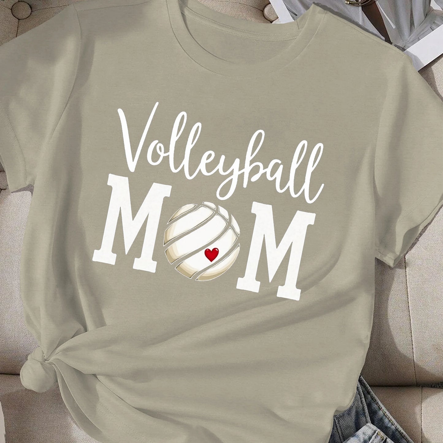 "polyester volleyball mom shirt breathable casual game day tee styled with jeans for cheering in the stands"