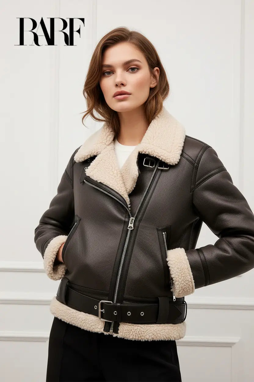 Faux shearling coat for women with belt hem and roomy pockets, solid neutral tone for cold-weather layering
