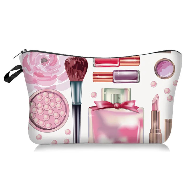 Makeup bag with zipper closure, box shape and cartoon pattern