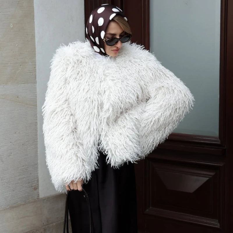 White Cropped Faux Fur Coat - Plush volume, clean-lined