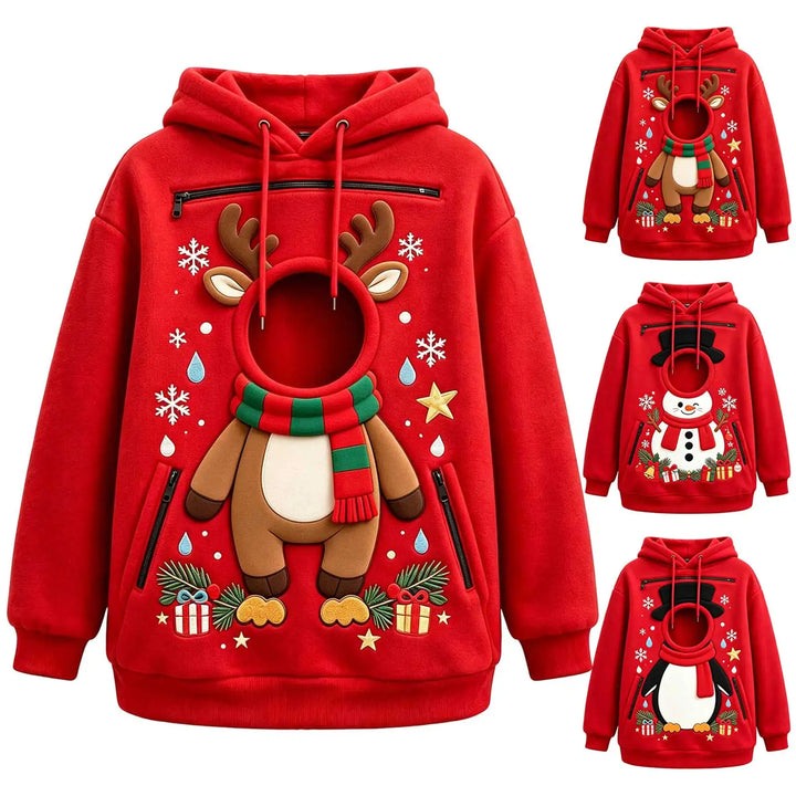 Red Christmas hoodie design collage, reindeer, penguin and snowman prints with circular openings, hoods and zippered pockets.