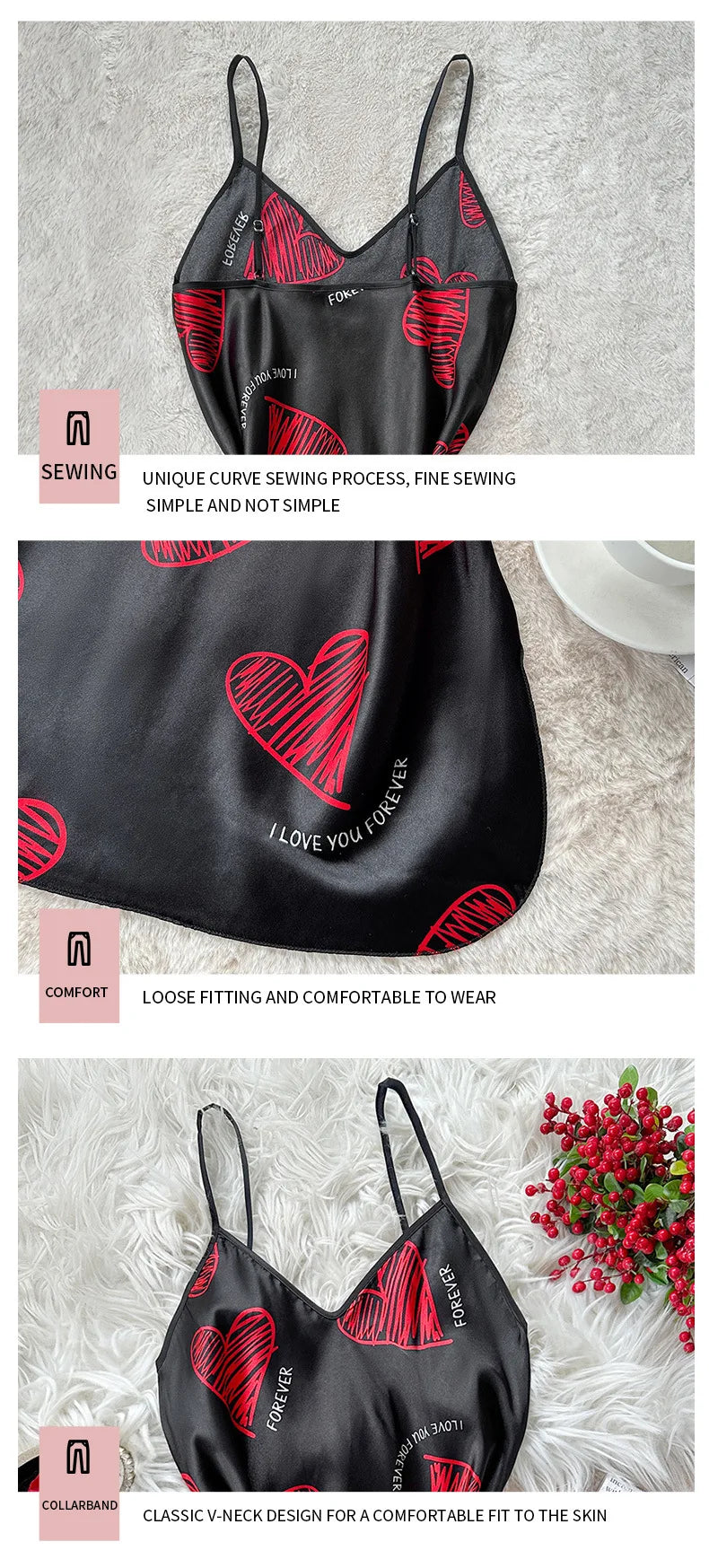 Red Lip Print Satin Slip Nightdress - Backless Mini Lux