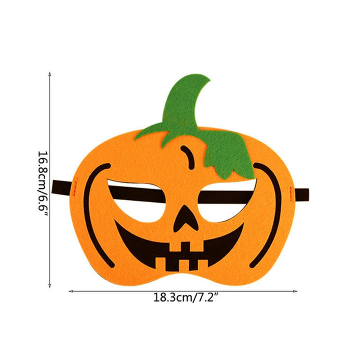 Orange smiling pumpkin mask with green stalk; the source dimensions show width 18.3 cm or 7.2 in and height 16.8 cm or 6.6 in