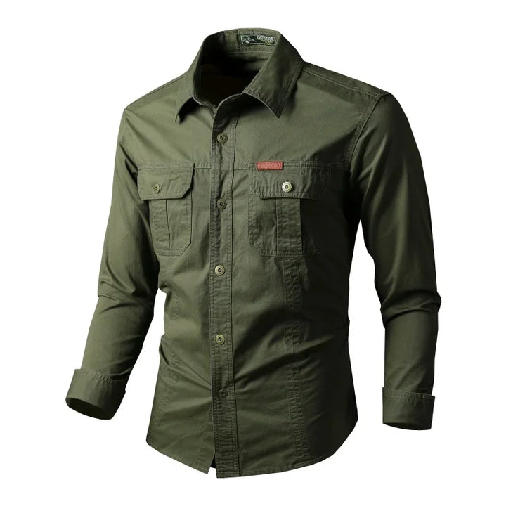 Original army green long-sleeve utility shirt with two flap chest pockets.