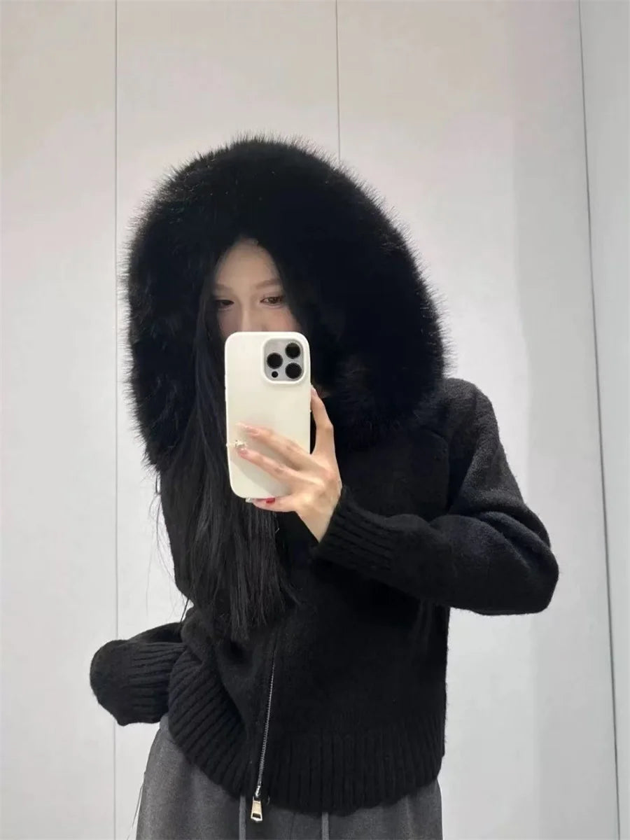 Oversized Hooded Cardigan – Cozy Fake Fur Zip Jacket