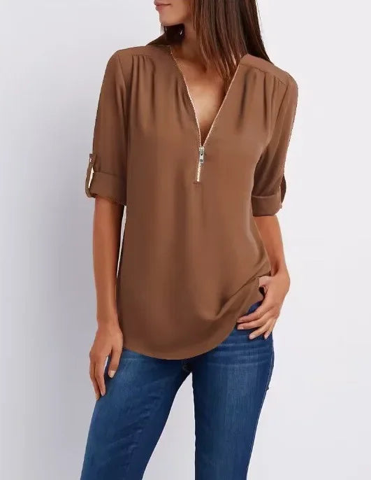 Women’s Deep V Neck Chiffon Blouse – Loose Longline