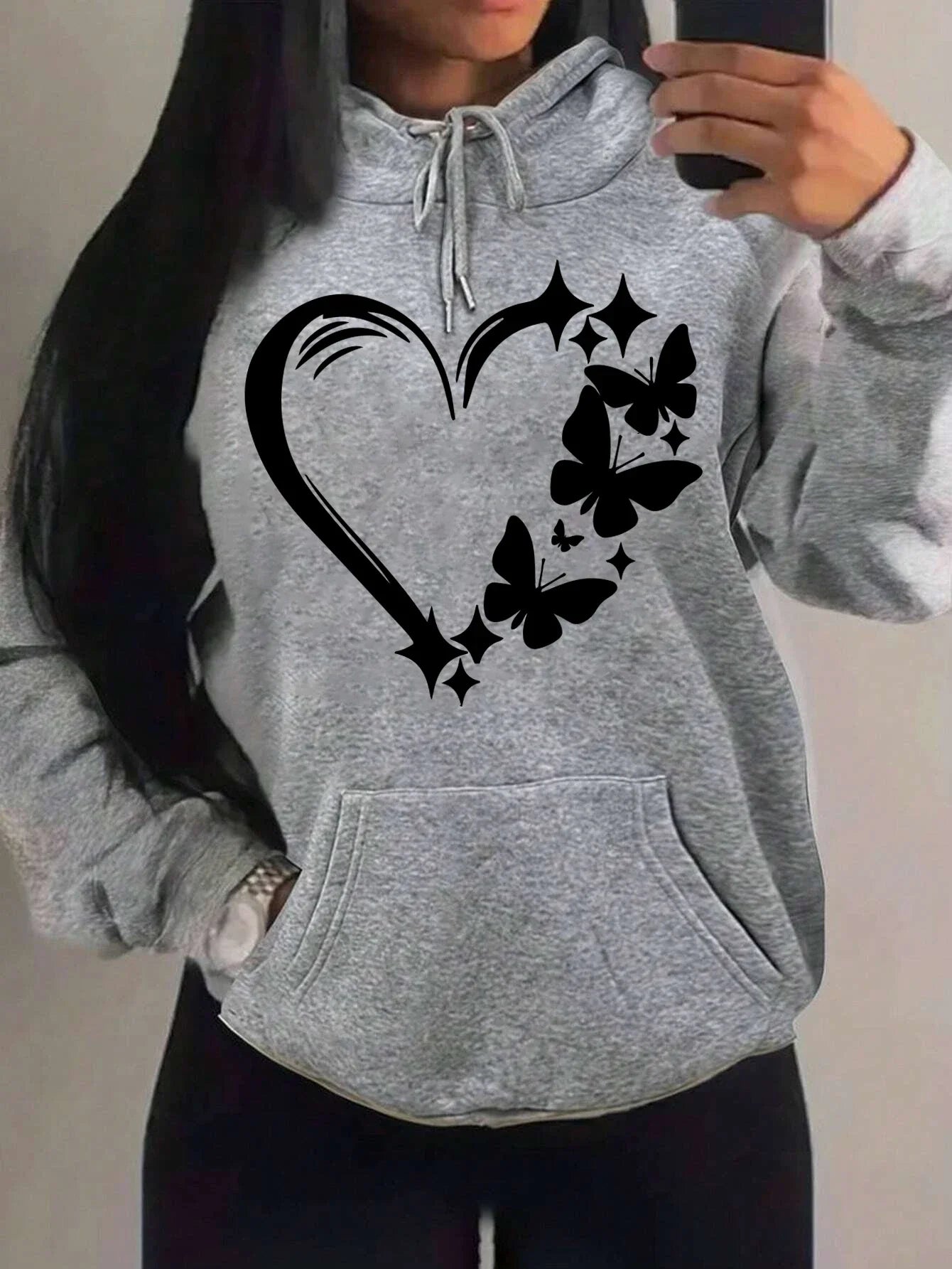 Grey oversized butterfly hoodie women back print large butterfly wings design
