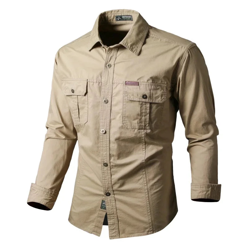 Original khaki long-sleeve utility shirt with two flap chest pockets.