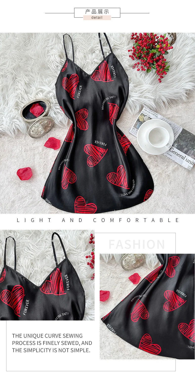 Printed nightdress satin mini chemise, red lip pattern, sleeveless V-neck backless cut, satin night wear look
