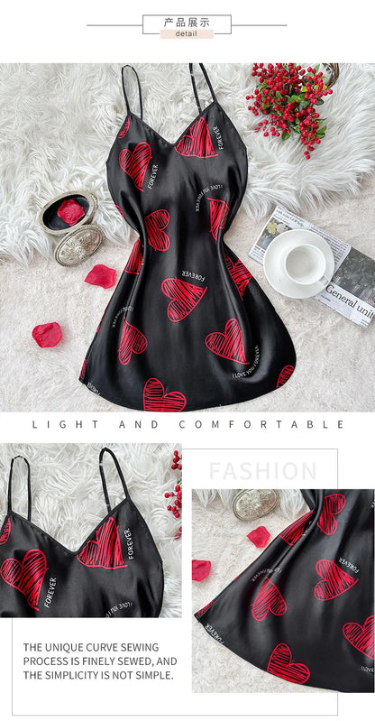 Printed nightdress satin mini chemise, red lip pattern, sleeveless V-neck backless cut, satin night wear look
