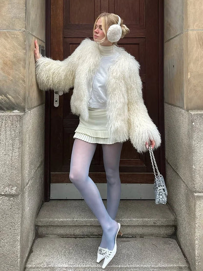 White Cropped Faux Fur Coat - Plush volume, clean-lined