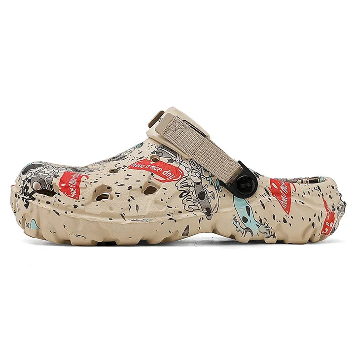 Khaki graffiti clog with a matching strap, side view