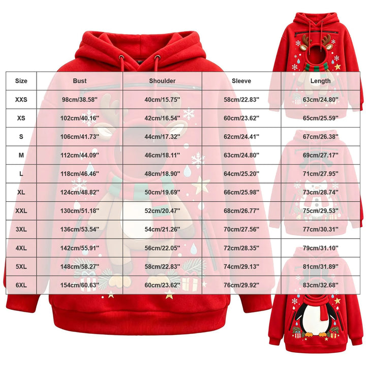 Size chart overlaid on Christmas hoodies with bust, shoulder, sleeve and length measurements in cm and inches for XXS to 6XL.