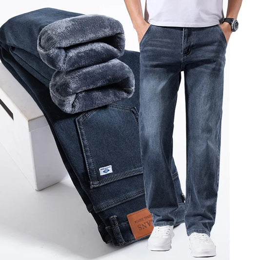 Men's fleece lined jeans loose fit winter denim trousers with soft inner fleece lining for daily wear and shopping trips
