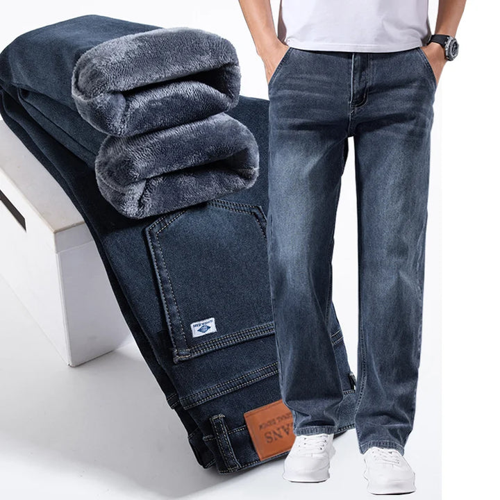 Men's fleece lined jeans loose fit winter denim trousers with soft inner fleece lining for daily wear and shopping trips
