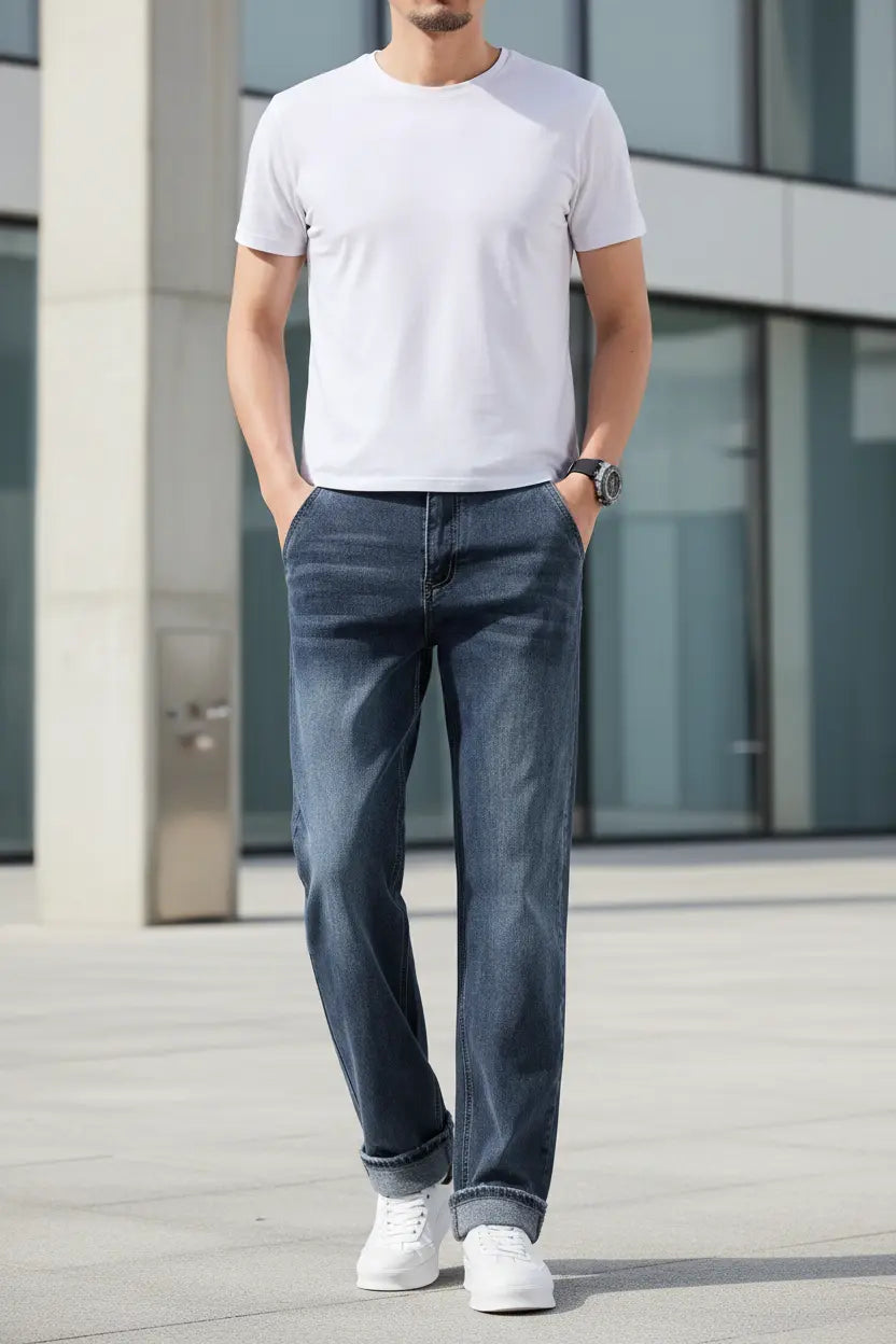 Men's fleece lined jeans mid rise solid wash denim with subtle embroidery detail for smart casual office outfits
