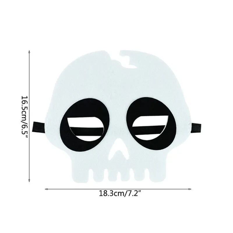 White skull felt mask with round black eye surrounds and a shaped tooth edge, shown with its original width and height labels