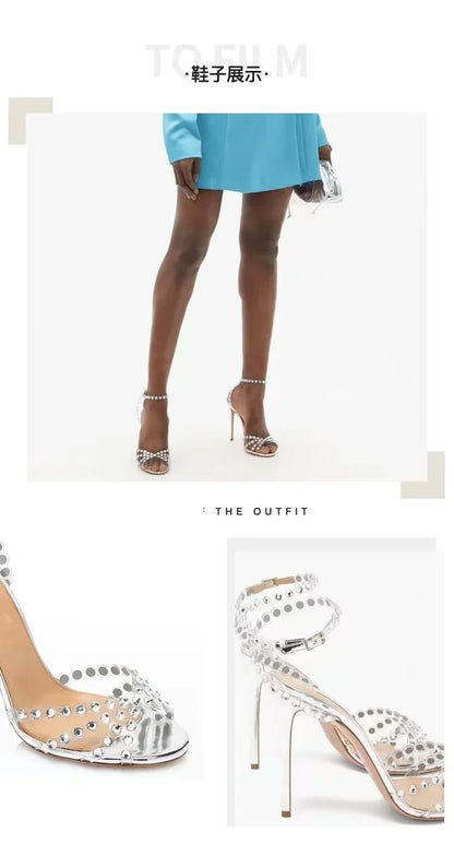 Women’s Silver Rhinestone Heels–PVC Ankle-Strap Sandals