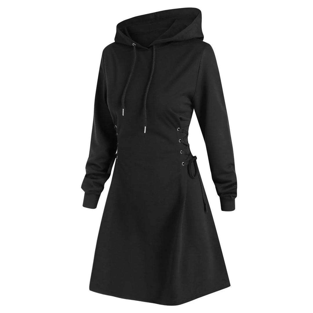 Black hooded pullover dress with long sleeves and a flared hem, product view