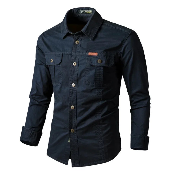 Original navy blue long-sleeve utility shirt with two flap chest pockets.