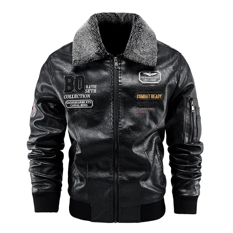 Black jacket front view with gray textured collar, chest patches, zip front, sleeve pocket and ribbed cuffs.