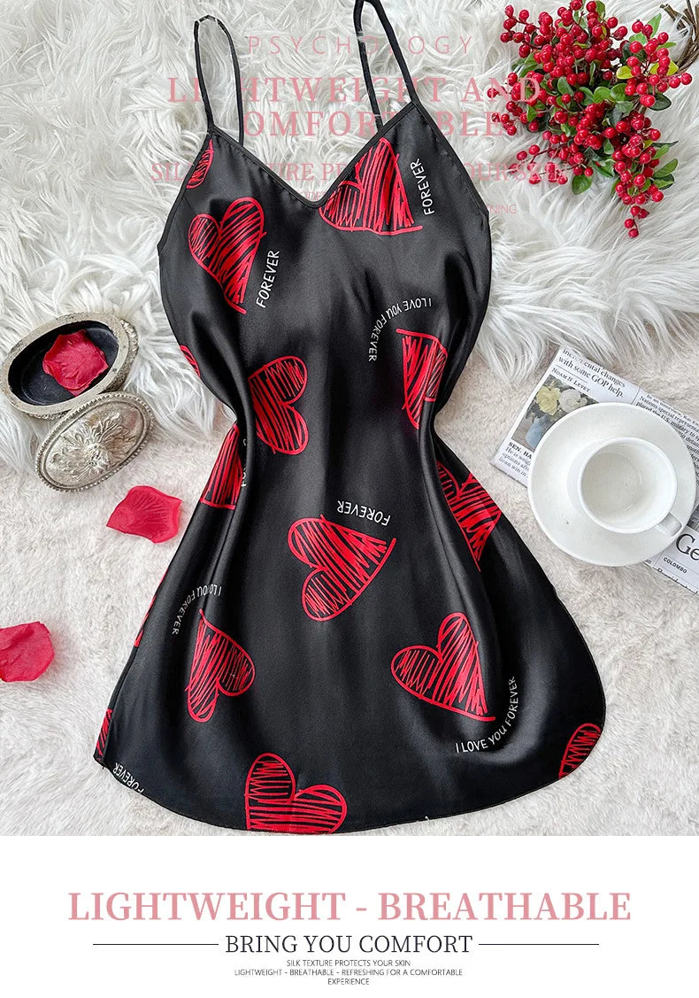 Red Lip Print Satin Slip Nightdress - Backless Mini Lux