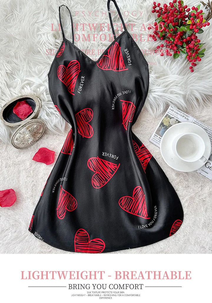 Red Lip Print Satin Slip Nightdress - Backless Mini Lux
