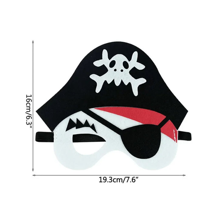 Pirate captain felt mask with black hat, skull motif, red bandana and black eye patch, shown with original measurement labels