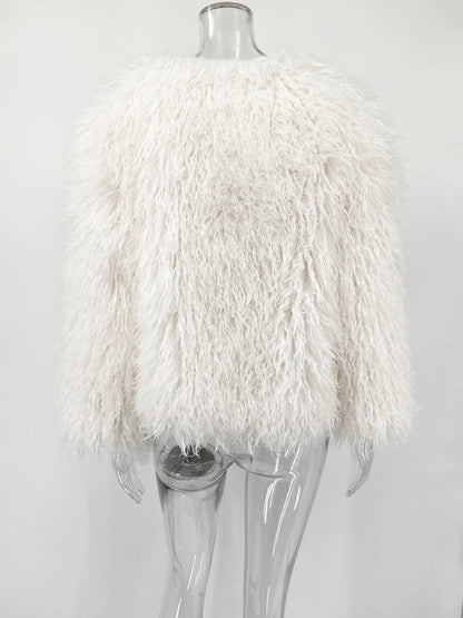 White Cropped Faux Fur Coat - Plush volume, clean-lined