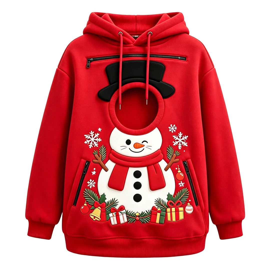 Red snowman hoodie front view, showing a circular front opening, long sleeves, drawstrings and black zipper pockets on white.