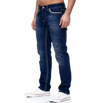 baggy jeans mens straight leg blue denim pants full length with 5 pockets for comfy daily casual wear and going out
