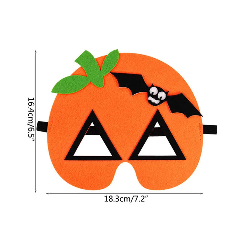 Orange pumpkin mask with black bat detail; the source measurements show width 18.3 cm or 7.2 in and height 16.4 cm or 6.5 in.