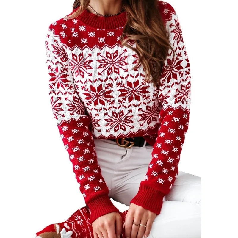 Front model view of the red-neck snowflake sweater on a white background