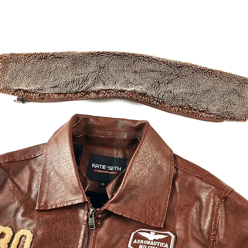 Detachable beige textured collar above the brown jacket&