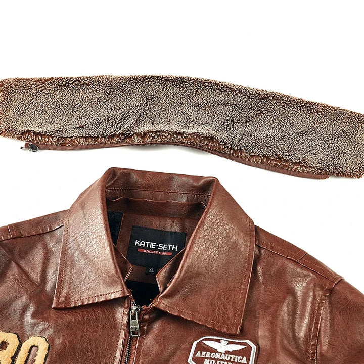 Detachable beige textured collar above the brown jacket&